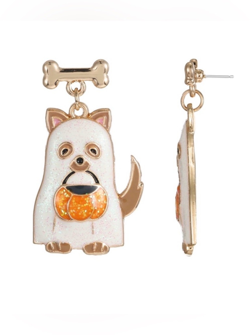 Ghost Dog Pumpkin Dangle Earrings Halloween Goldtone NWT - Picture 2 of 6